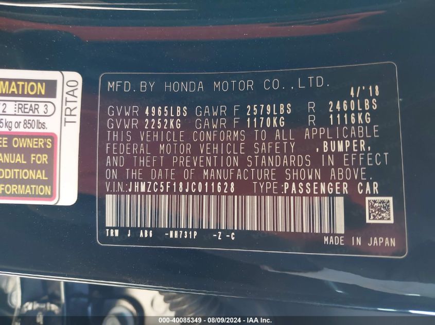 JHMZC5F18JC011628 2018 Honda Clarity Plug-In Hybrid