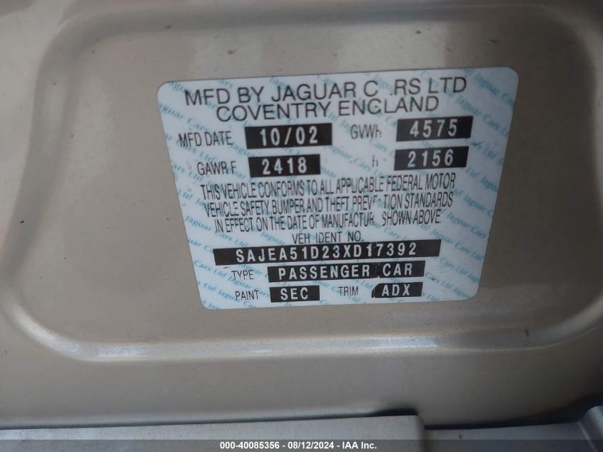 2003 Jaguar X-Type 2.5 VIN: SAJEA51D23XD17392 Lot: 40085356