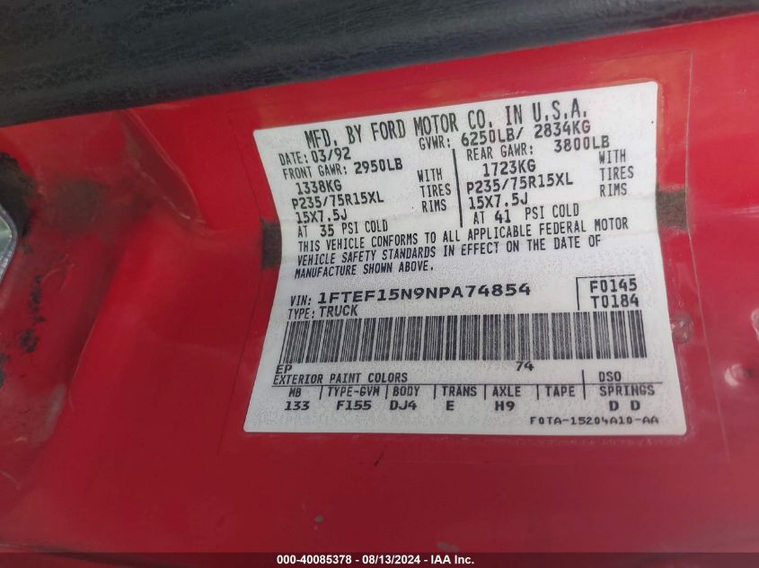 1992 Ford F150 VIN: 1FTEF15N9NPA74854 Lot: 40085378