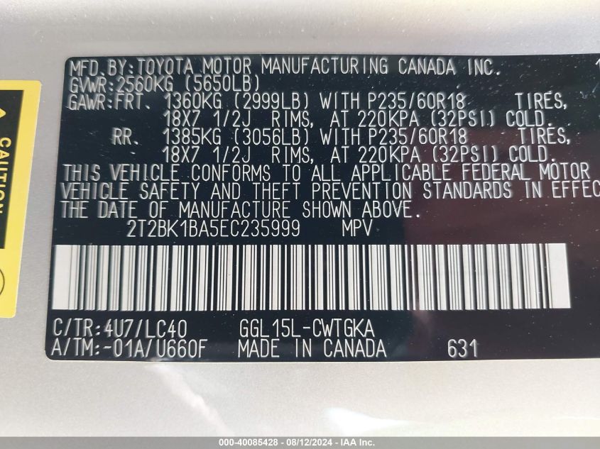 2014 Lexus Rx 350 VIN: 2T2BK1BA5EC235999 Lot: 40085428