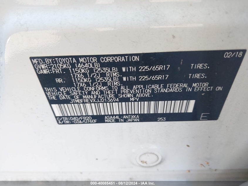 VIN JTMBFREVXJJ213694 2018 TOYOTA RAV4 LE