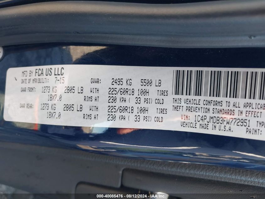 2015 Jeep Cherokee Limited VIN: 1C4PJMDB3FW772951 Lot: 40085476