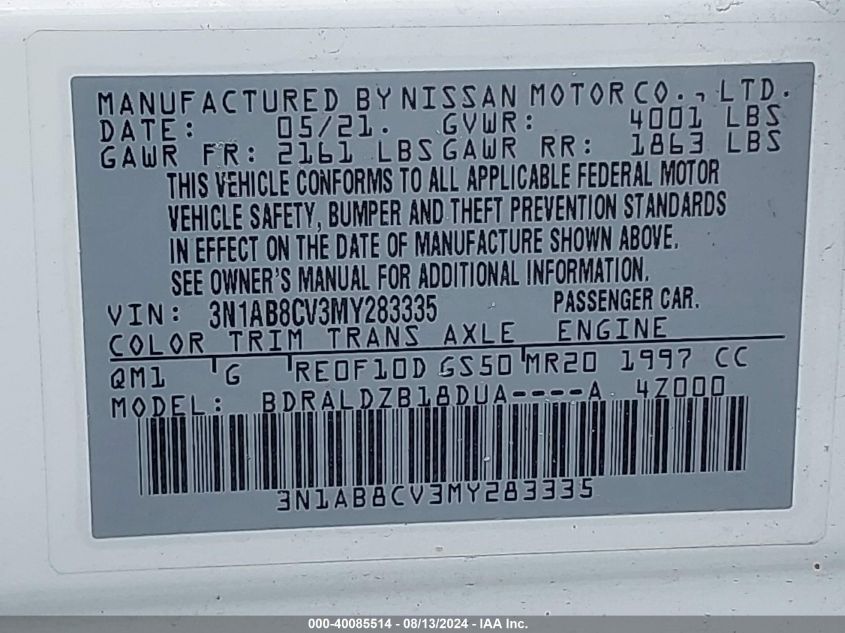 2021 Nissan Sentra Sv VIN: 3N1AB8CV3MY283335 Lot: 40085514