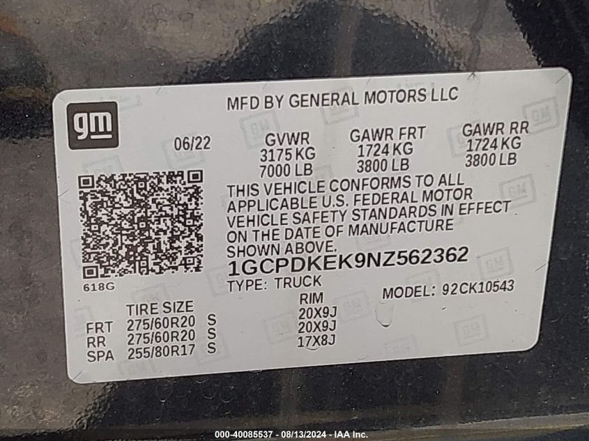 2022 Chevrolet Silverado K1500 Lt-L VIN: 1GCPDKEK9NZ562362 Lot: 40085537