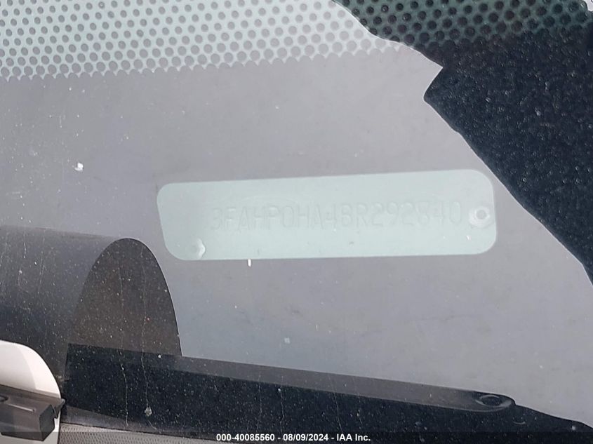 2011 Ford Fusion Se VIN: 3FAHP0HA4BR292840 Lot: 40085560