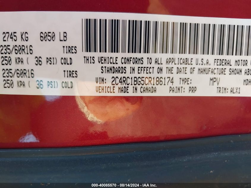 2012 Chrysler Town & Country Touring VIN: 2C4RC1BG5CR186174 Lot: 40085570