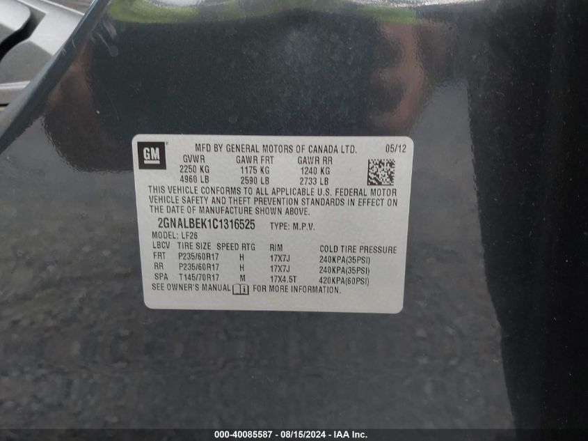 2012 Chevrolet Equinox Ls VIN: 2GNALBEK1C1316525 Lot: 40085587