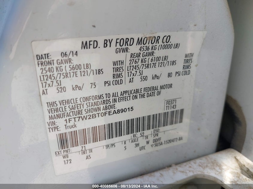 2015 Ford F250 Super Duty VIN: 1FT7W2BT0FEA89015 Lot: 40085606