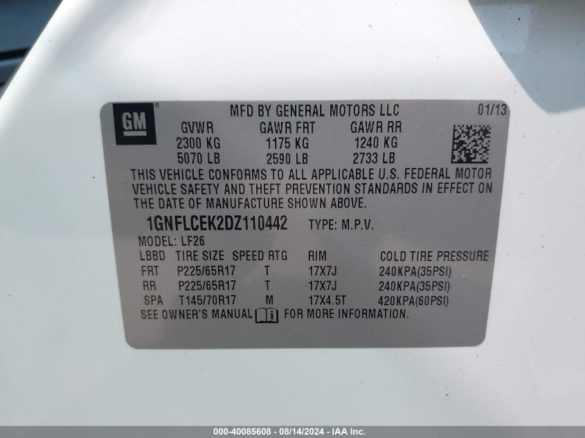 2013 Chevrolet Equinox Ls VIN: 1GNFLCEK2DZ110442 Lot: 40085608