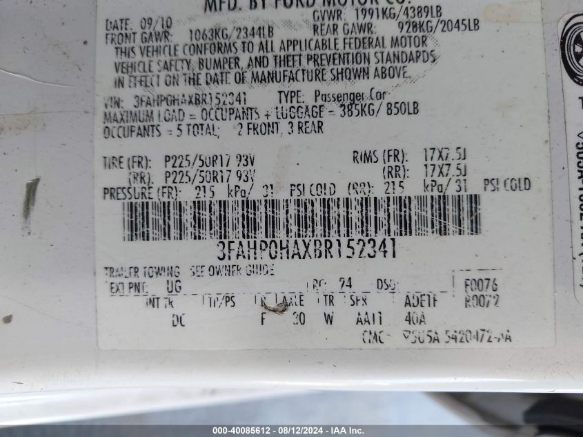 2011 Ford Fusion Se VIN: 3FAHP0HAXBR152341 Lot: 40085612