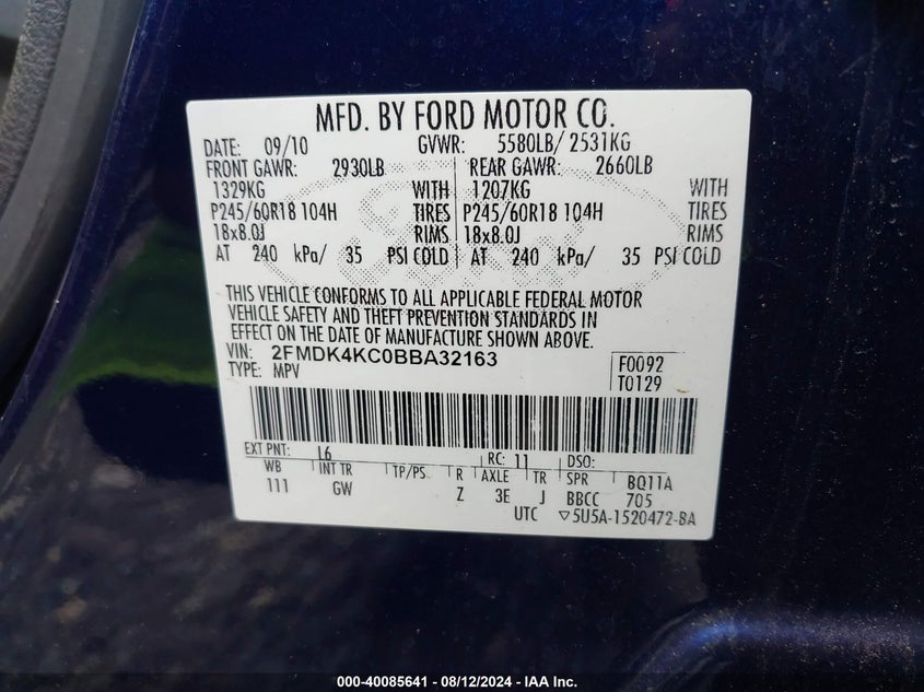 2011 Ford Edge Limited VIN: 2FMDK4KC0BBA32163 Lot: 40085641