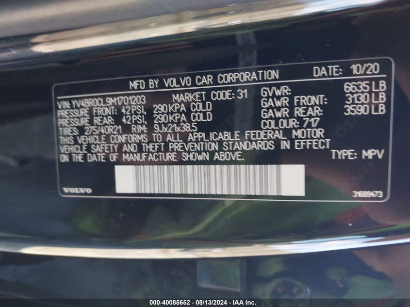 YV4BR0CL9M1701203 2021 Volvo Xc90 T8 Recharge Inscription