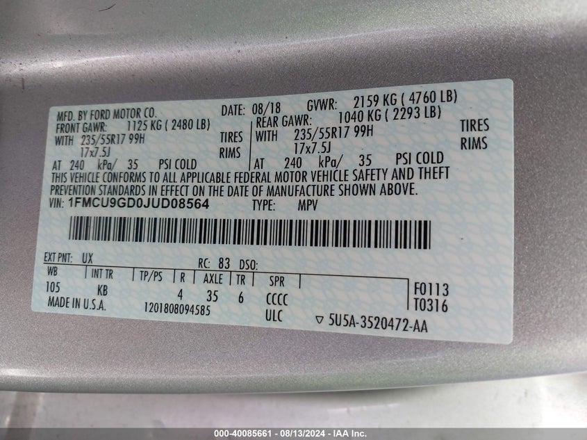 1FMCU9GD0JUD08564 2018 Ford Escape Se