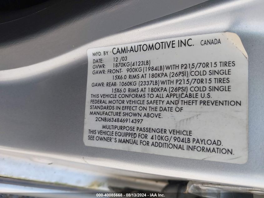 2004 Chevrolet Tracker Lt VIN: 2CNBJ634846914397 Lot: 40085668