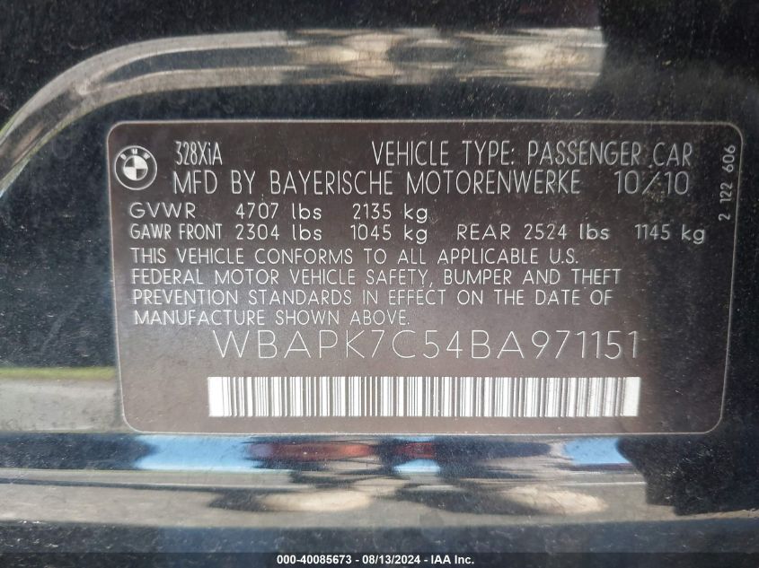 2011 BMW 328I xDrive VIN: WBAPK7C54BA971151 Lot: 40085673