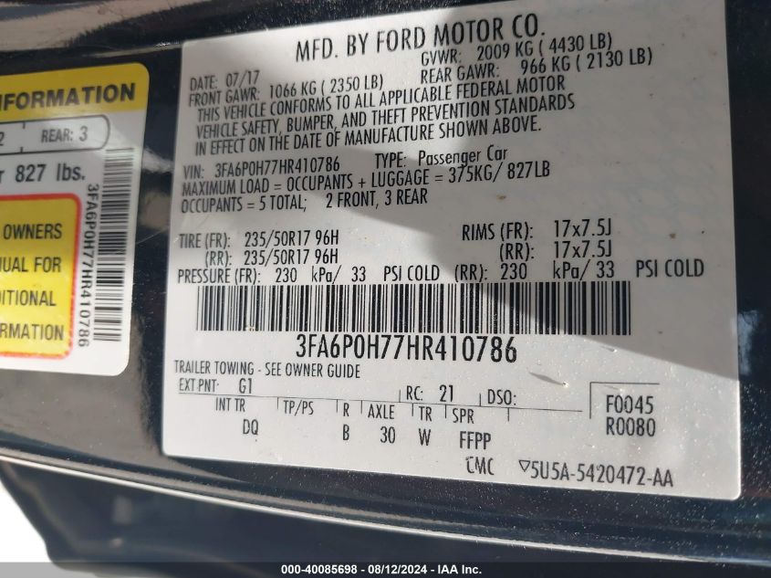 2017 FORD FUSION SE - 3FA6P0H77HR410786