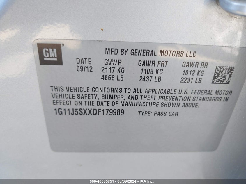 2013 Chevrolet Malibu 2Lz VIN: 1G11J5SXXDF179989 Lot: 40085751