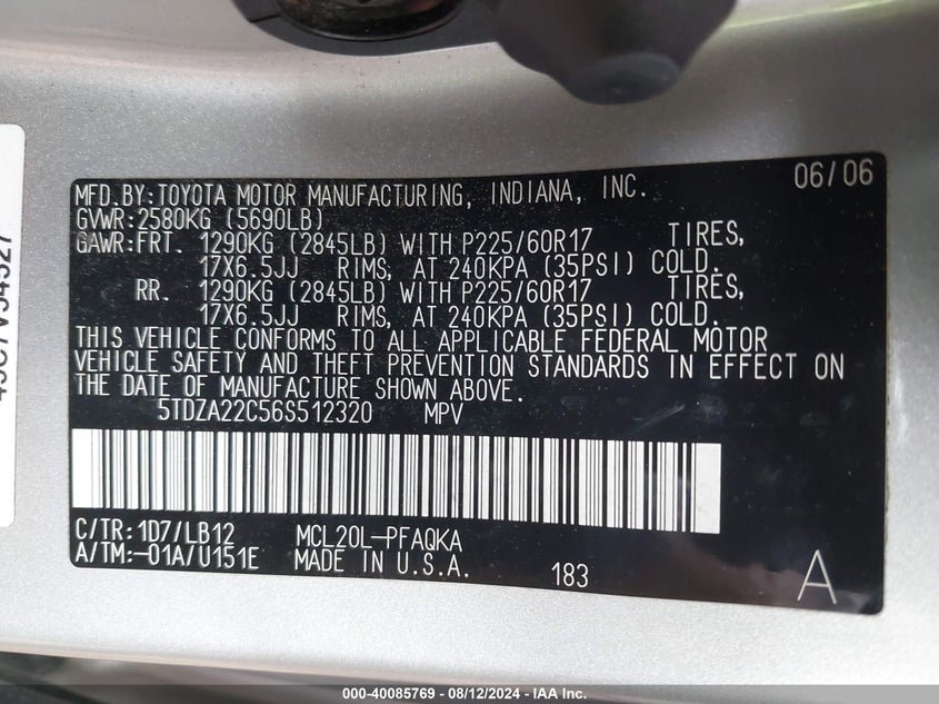 2006 Toyota Sienna Xle VIN: 5TDZA22C56S512320 Lot: 40085769