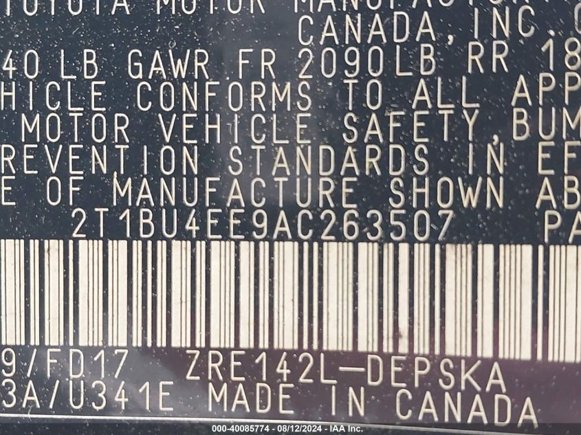 2010 Toyota Corolla S/Le/Xle VIN: 2T1BU4EE9AC263507 Lot: 40085774