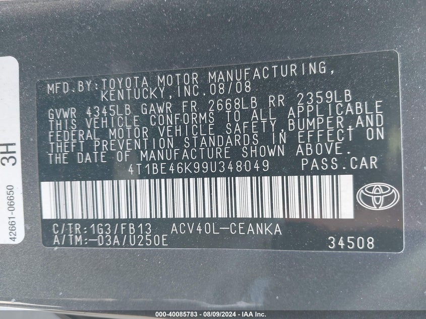 2009 Toyota Camry Le VIN: 4T1BE46K99U348049 Lot: 40085783