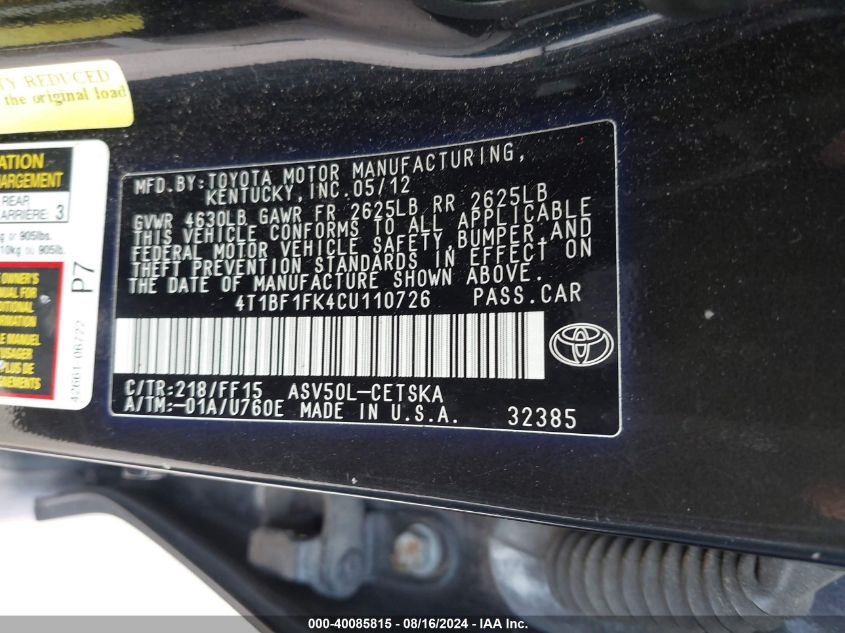 2012 Toyota Camry Se VIN: 4T1BF1FK4CU110726 Lot: 40085815