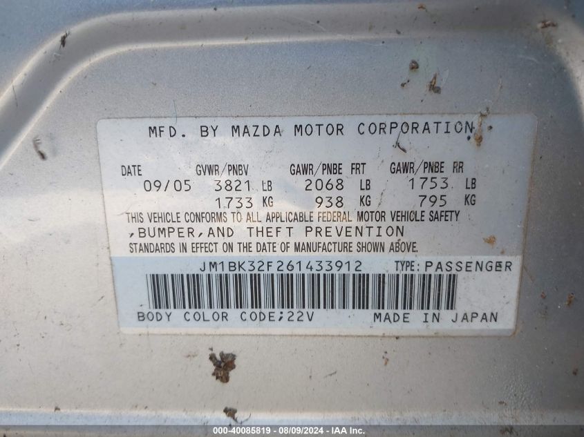 2006 Mazda Mazda3 I VIN: JM1BK32F261433912 Lot: 40085819