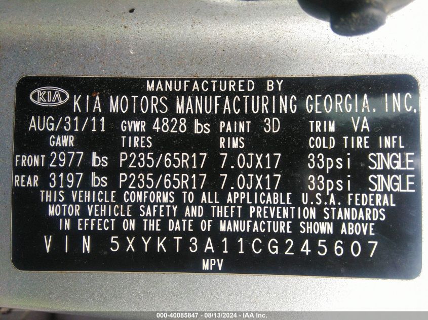 2012 Kia Sorento Lx VIN: 5XYKT3A11CG245607 Lot: 40085847