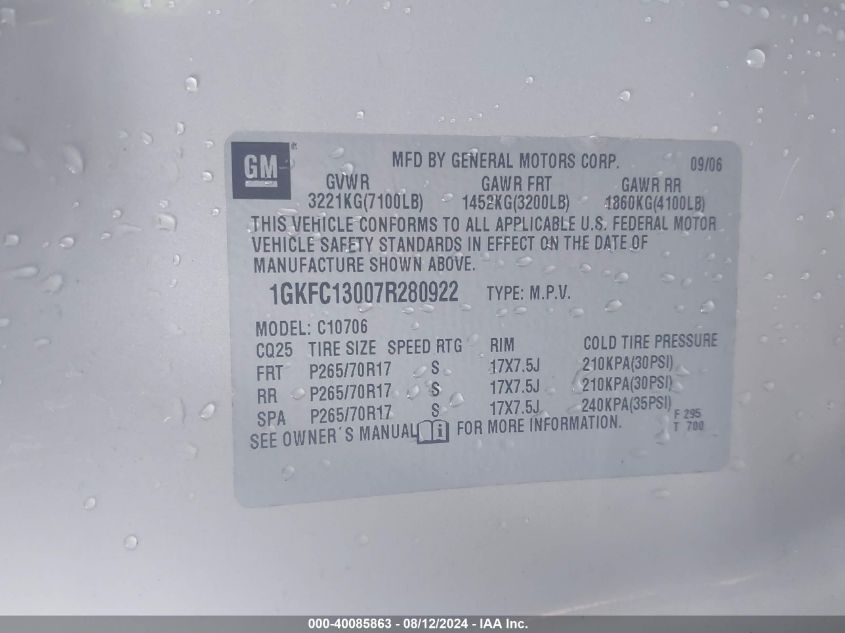 2007 GMC Yukon Slt VIN: 1GKFC13007R280922 Lot: 40085863