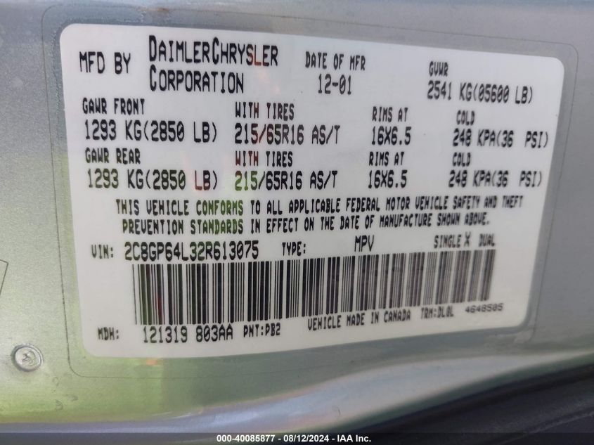 2002 Chrysler Town & Country Limited VIN: 2C8GP64L32R613075 Lot: 40085877