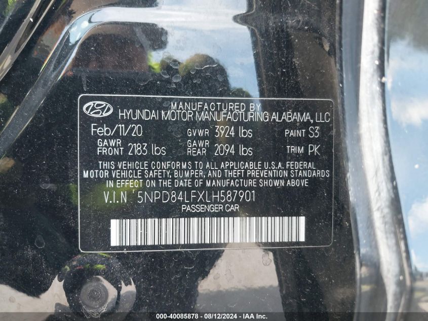 2020 Hyundai Elantra Sel/Value/Limited VIN: 5NPD84LFXLH587901 Lot: 40085878