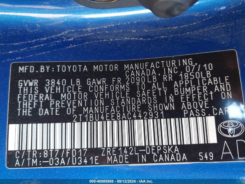 2010 Toyota Corolla S VIN: 2T1BU4EE8AC442931 Lot: 40085888