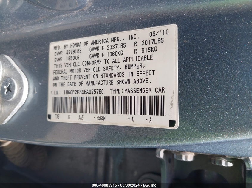 2011 Honda Accord 2.4 Lx VIN: 1HGCP2F34BA025780 Lot: 40085915