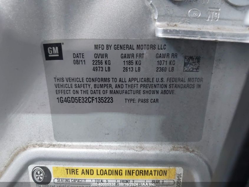 2012 Buick Lacrosse Premium 1 Group VIN: 1G4GD5E32CF135223 Lot: 40085938