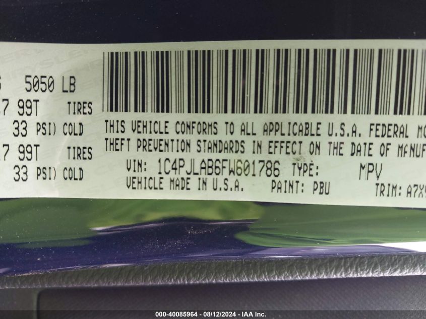 2015 Jeep Cherokee Sport VIN: 1C4PJLAB6FW601786 Lot: 40085964