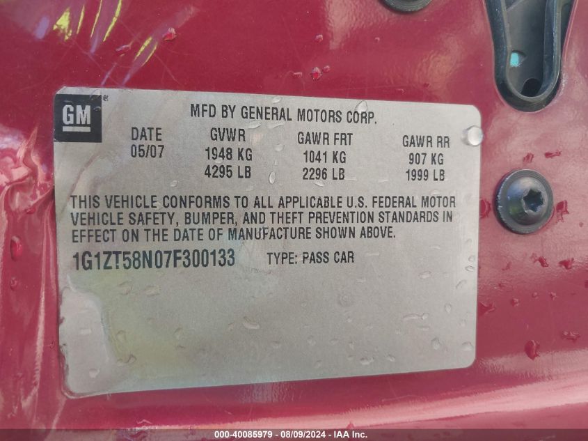 2007 Chevrolet Malibu Lt VIN: 1G1ZT58N07F300133 Lot: 40085979