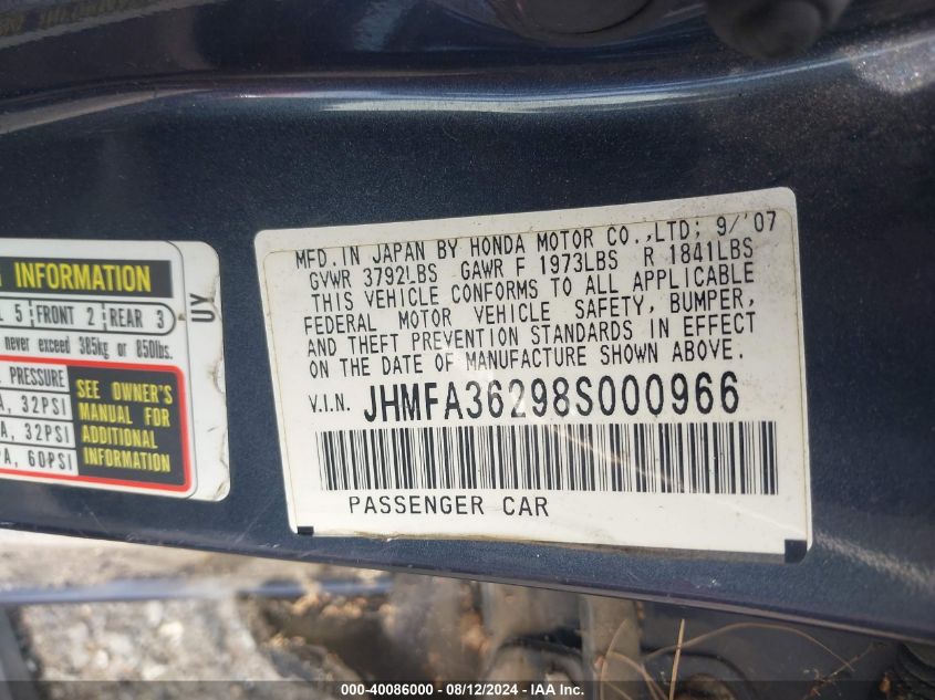 2008 Honda Civic Hybrid VIN: JHMFA36298S000966 Lot: 40086000