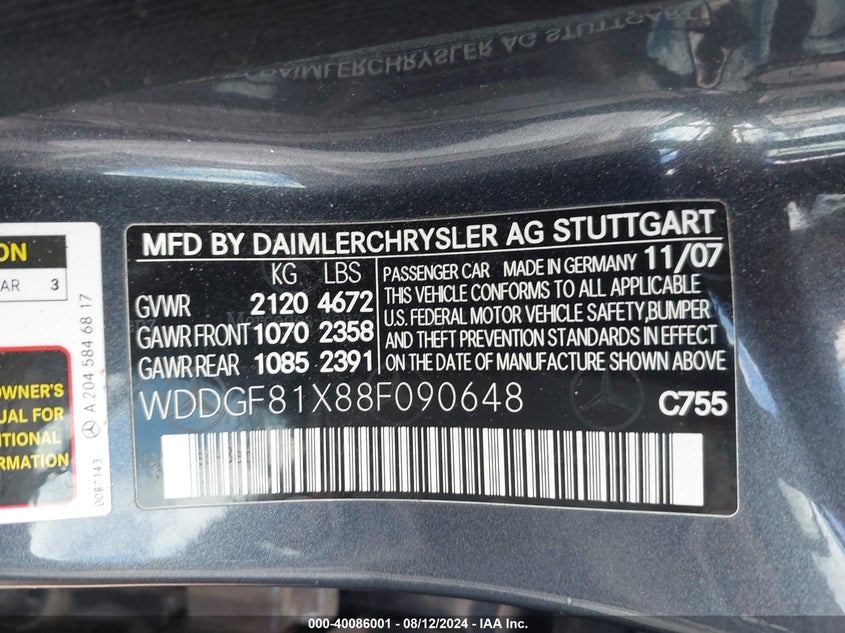 2008 Mercedes-Benz C 300 Luxury 4Matic/Sport 4Matic VIN: WDDGF81X88F090648 Lot: 40086001