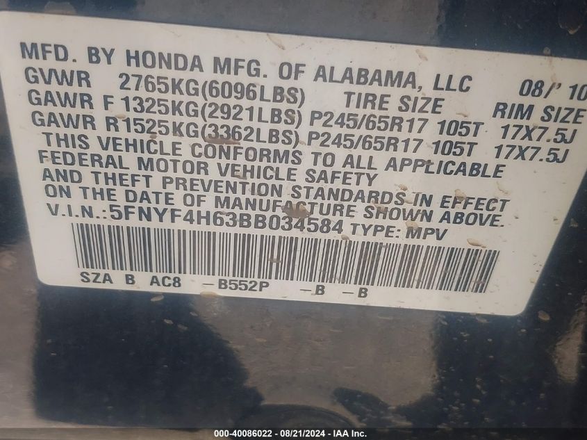 2011 Honda Pilot Ex-L VIN: 5FNYF4H63BB034584 Lot: 40086022
