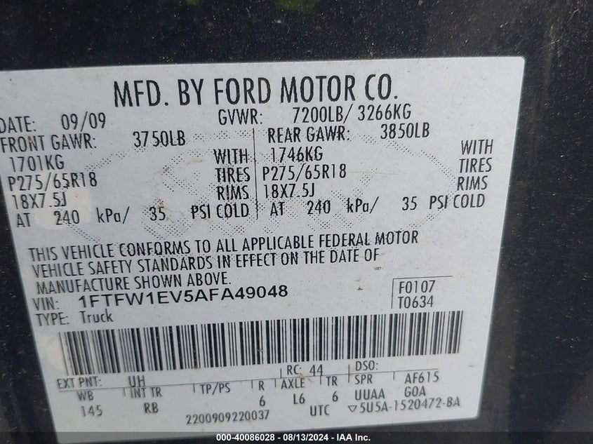 2010 Ford F150 Supercrew VIN: 1FTFW1EV5AFA49048 Lot: 40086028