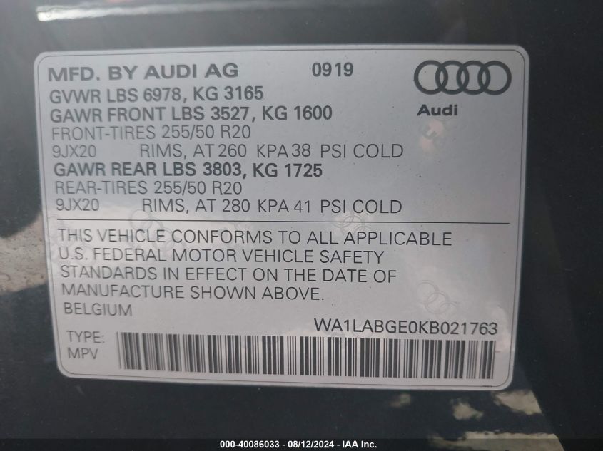 2019 Audi E-Tron Premium Plus VIN: WA1LABGE0KB021763 Lot: 40086033