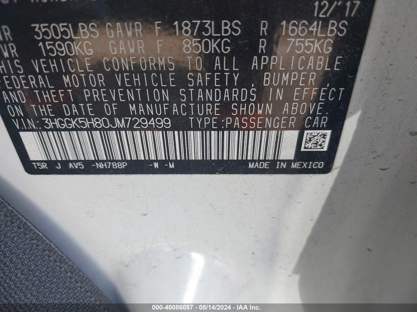 VIN 3HGGK5H80JM729499 2018 HONDA FIT EX