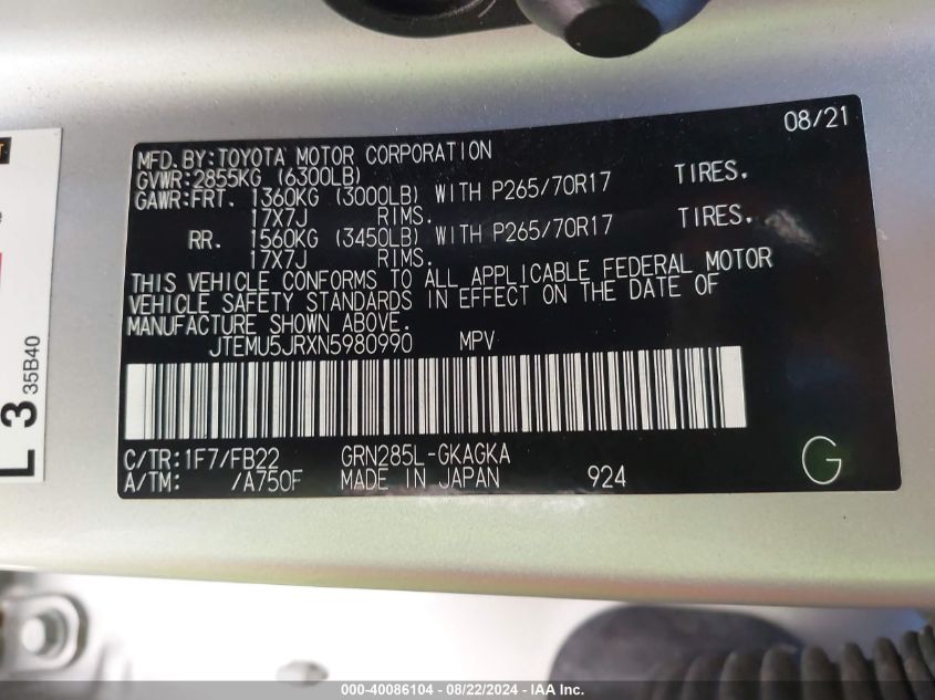 2022 Toyota 4Runner Sr5 VIN: JTEMU5JRXN5980990 Lot: 40086104