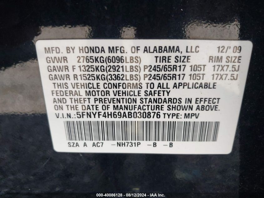 2010 Honda Pilot Ex-L VIN: 5FNYF4H69AB030876 Lot: 40086128