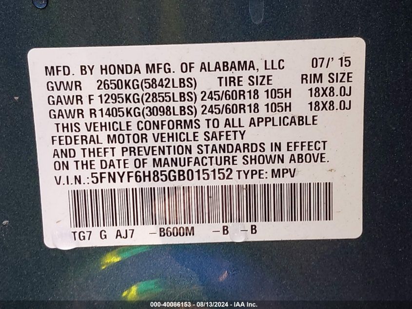 2016 Honda Pilot Ex-L VIN: 5FNYF6H85GB015152 Lot: 40086153