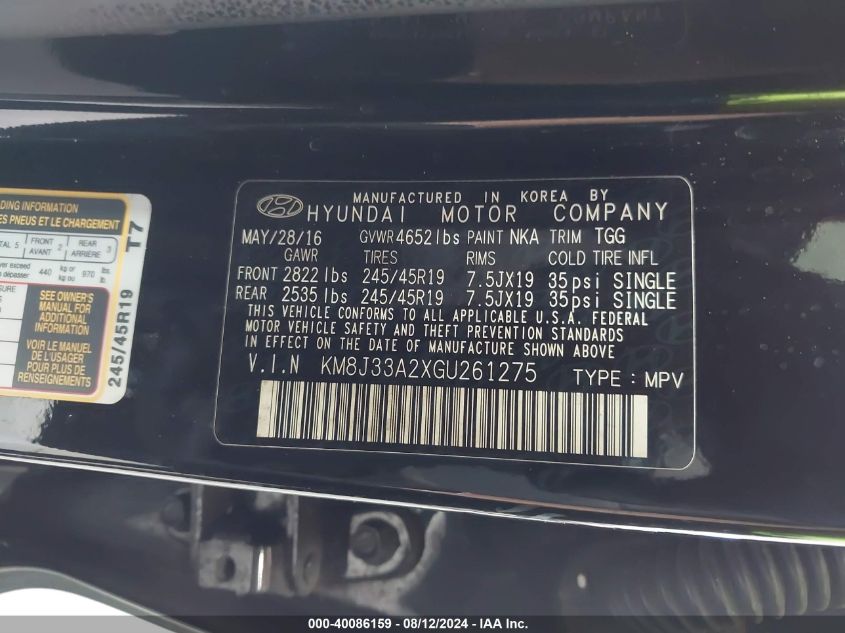 2016 Hyundai Tucson Limited/Sport And Eco/Se VIN: KM8J33A2XGU261275 Lot: 40086159