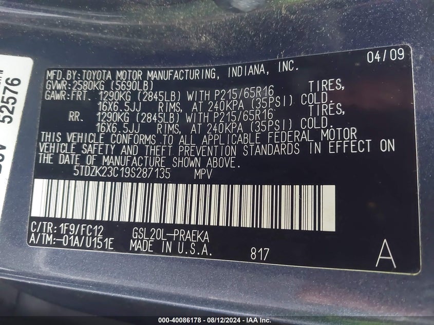 2009 Toyota Sienna Le VIN: 5TDZK23C19S287135 Lot: 40086178