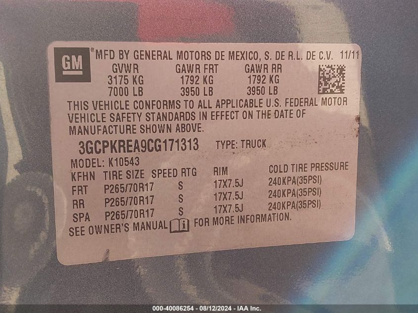 2012 Chevrolet Silverado K1500 Ls VIN: 3GCPKREA9CG171313 Lot: 40086254