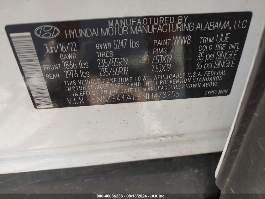 2022 Hyundai Santa Fe Limited VIN: 5NMS44AL3NH478255 Lot: 40086258