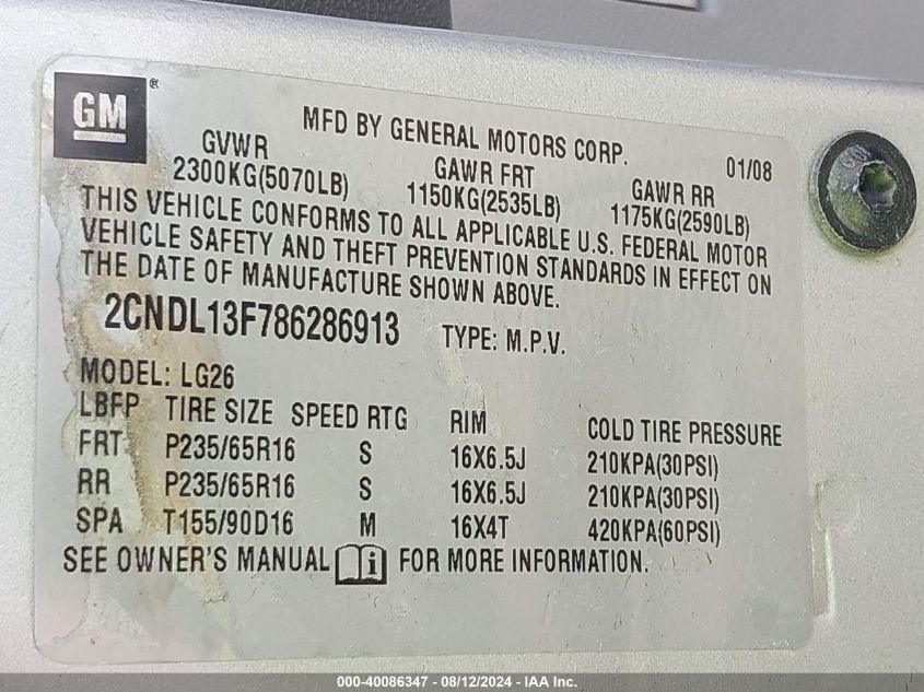 2008 Chevrolet Equinox Ls VIN: 2CNDL13F786286913 Lot: 40086347