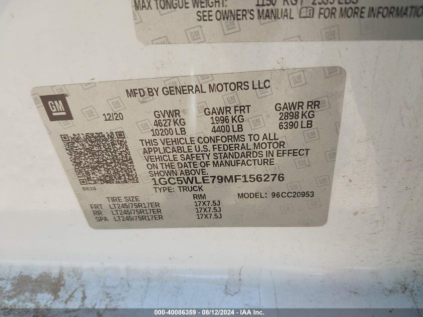 2021 Chevrolet Silverado 2500Hd 2Wd Double Cab Long Bed Wt VIN: 1GC5WLE79MF156276 Lot: 40086359